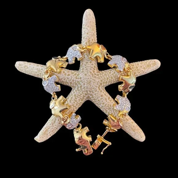 Elephant Tennis Bracelet Gold Plated Signed BR KRN 8" - Picture 2 of 7